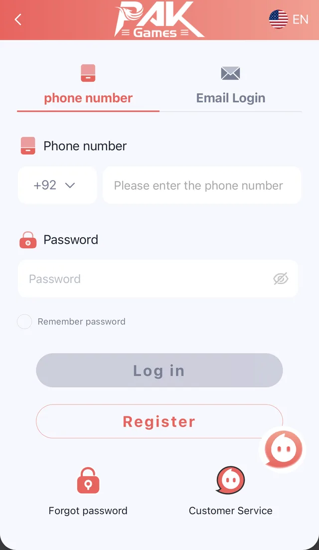 Pak Game login screen on mobile