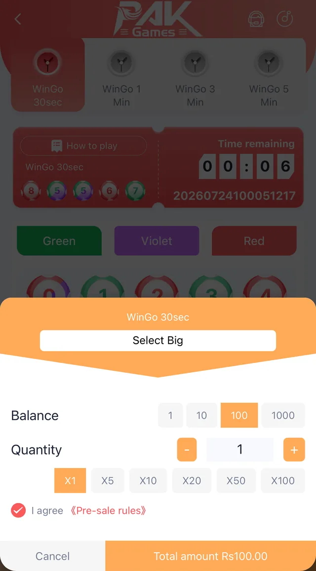 Pak Game Win Go colour prediction game screen