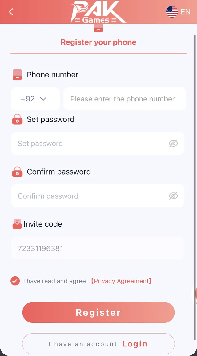 Pak Game register screen on mobile
